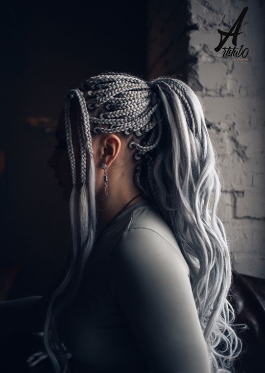 gray braids with straight strands