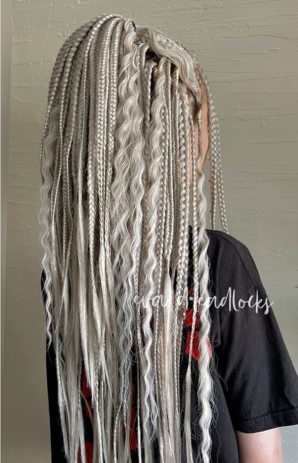 silver gray braids with curly strands