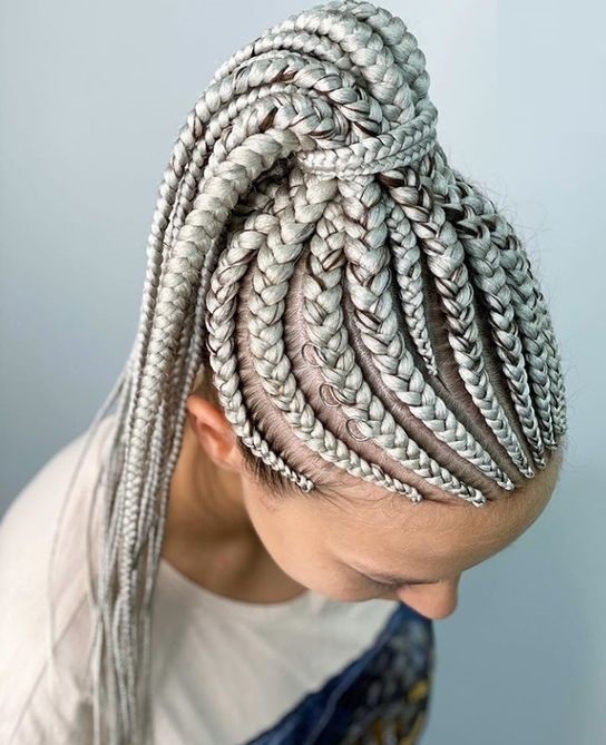 gray braids into ponytail with cornrows