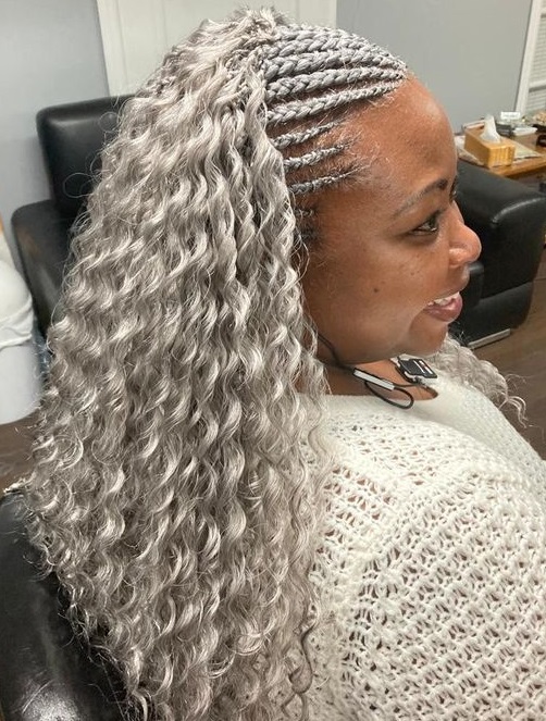 gray cornrow braid with massive curls for women over 50