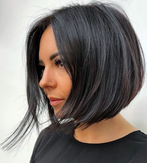 raven-black angled bob cut with center-part