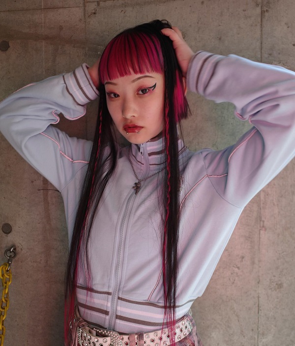 alt emo hairstyle black and pink with braids and hime bangs