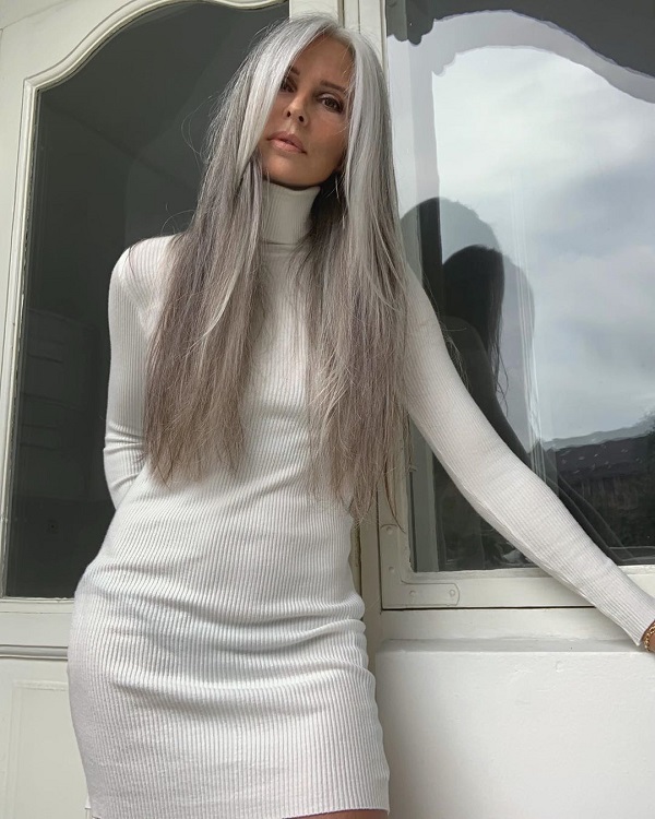 very long gray hairstyle for women