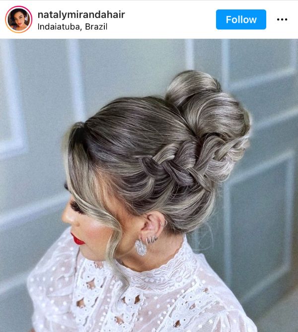 gray updo with side braid and a high bun