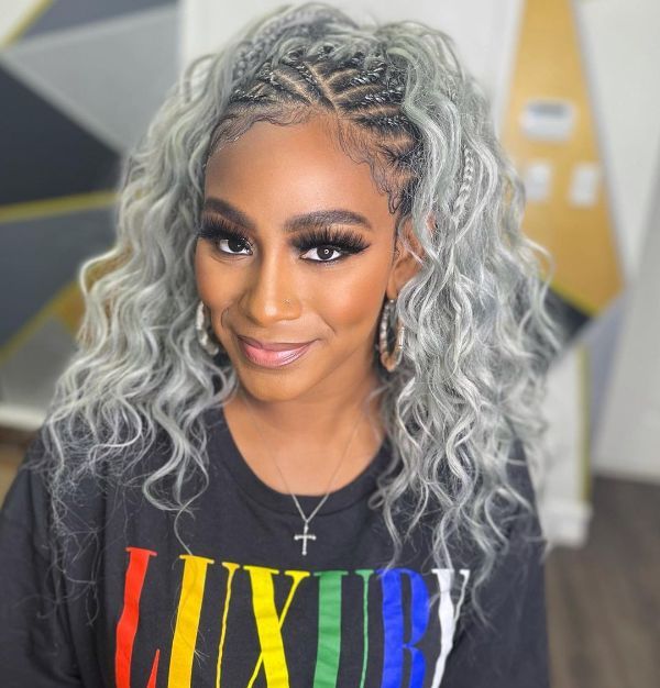 gray front cornrow braids with curly ends