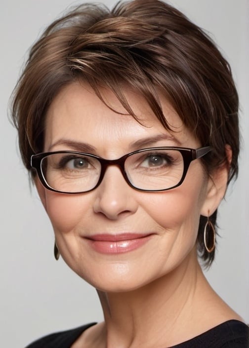 mature woman glasses piecey pixie haircut