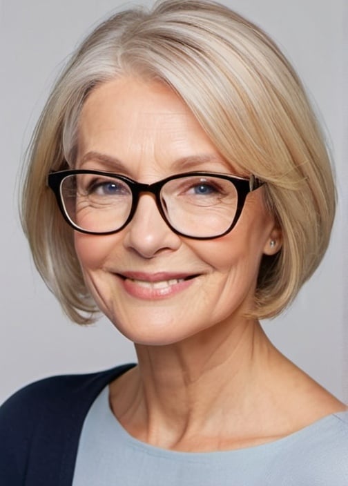 senior woman glasses blonde bob cut