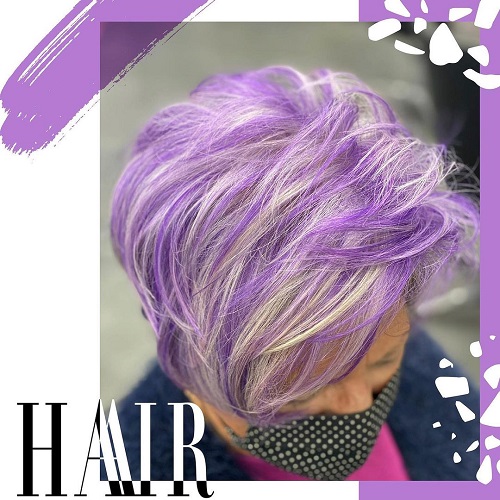 lavender color gray hair older woman