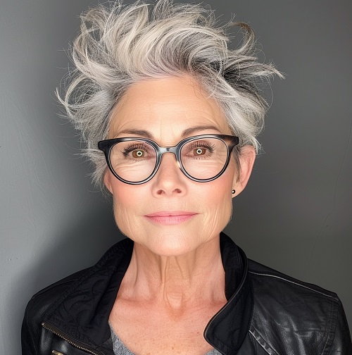 older woman glasses tousled pixie long top short sides