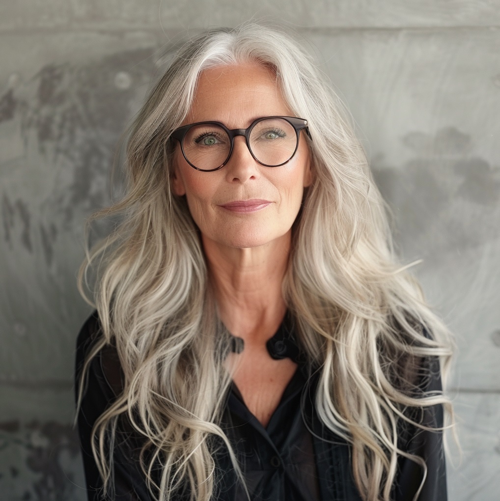 older woman glasses long hair
