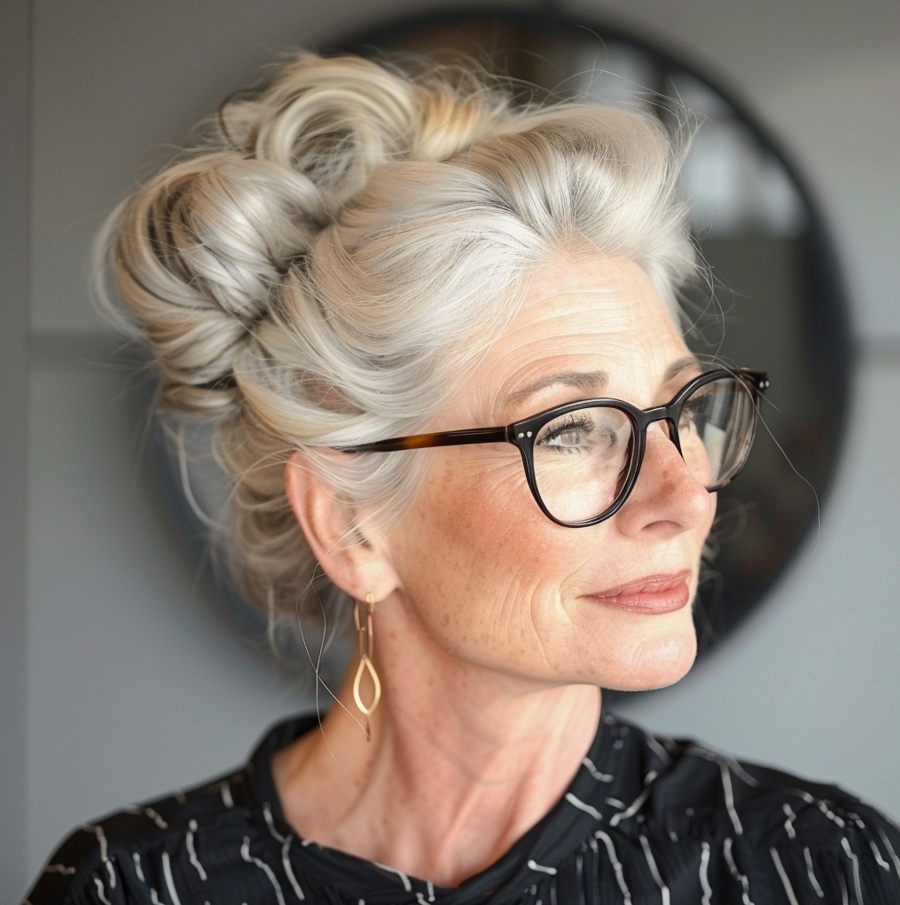 older woman glasses updo