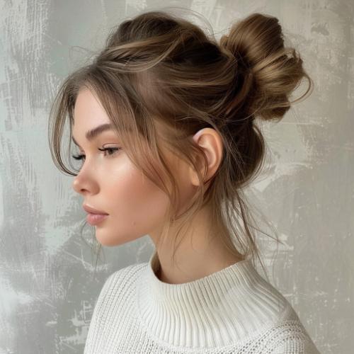 lesbian hairstyle messy high bun