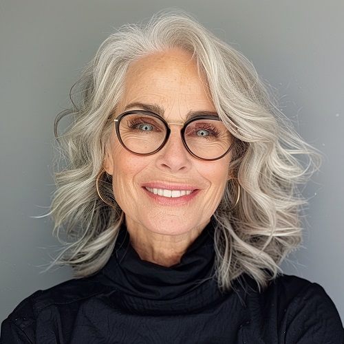 mature woman glasses medium-length hair