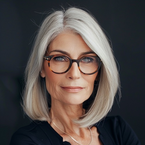 mature woman glasses long bob silver gray hair