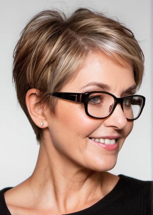 older woman glasses highlighted pixie cut