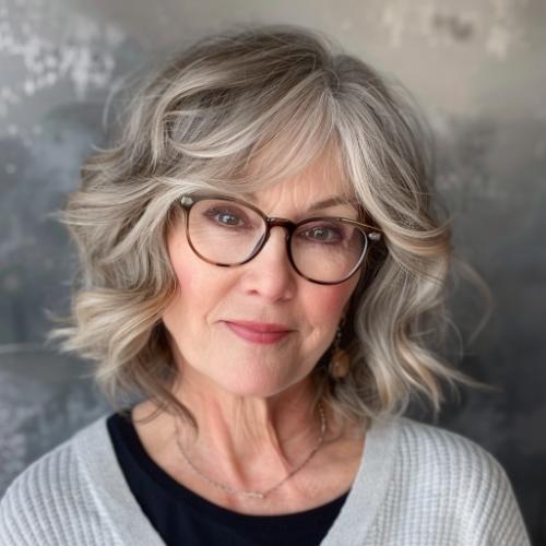 curly shoulder-length hair woman over 60