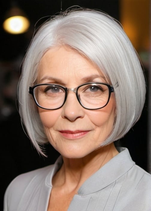 older woman glasses silver gray bob