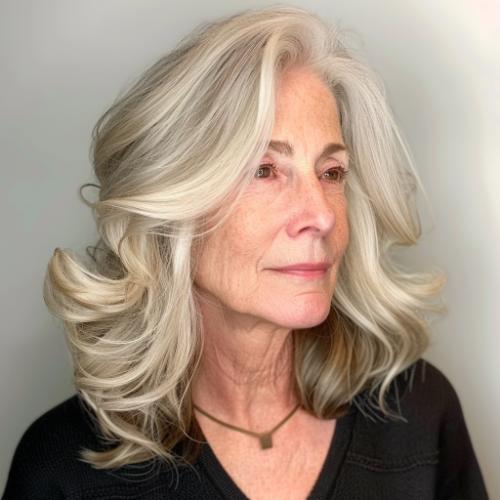 medium hair woman over 60 with highlights