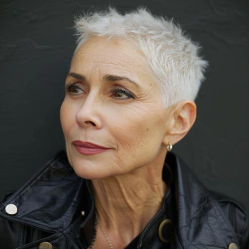 Classic Pixie Haircut White Gray Hair Older Woman