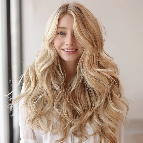 long wavy hair in light golden blonde shade