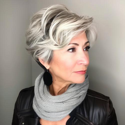 Voluminous pixie with platinum highlights on older woman