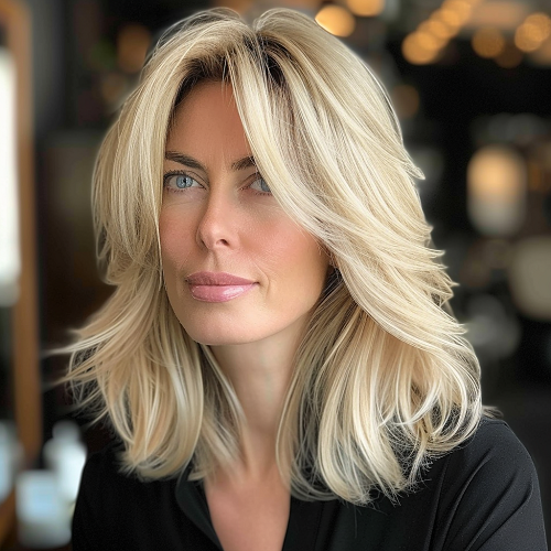 voluminous blonde layered bob cut on a woman over 40