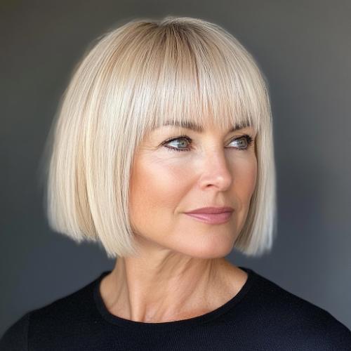 short haircut older woman with blunt cut and flirty fringe