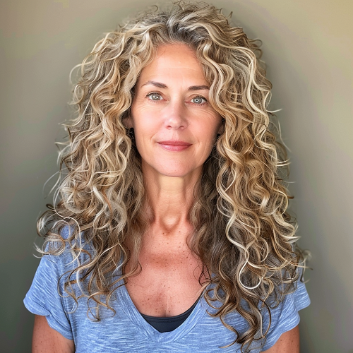 Golden blonde long curly hair woman over 50