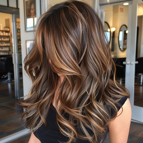 warm espresso brown hair with golden blonde accents