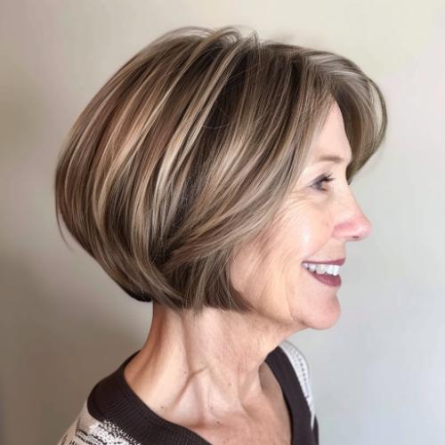 Short razored bob on smiling older woman