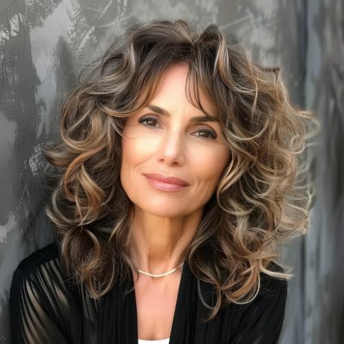 Highlighted Shoulder-Length Curly Hairstyle for Women over 60