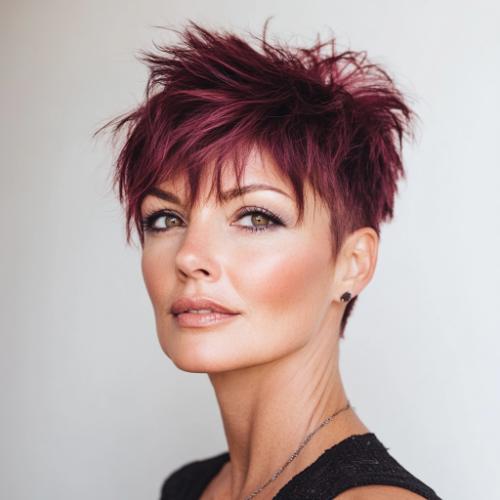 short hairstyle older woman with spiked burgundy pixie cut