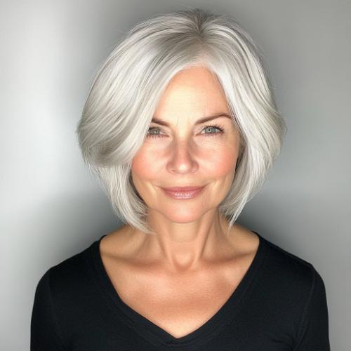 short hair older woman with silver layered bob