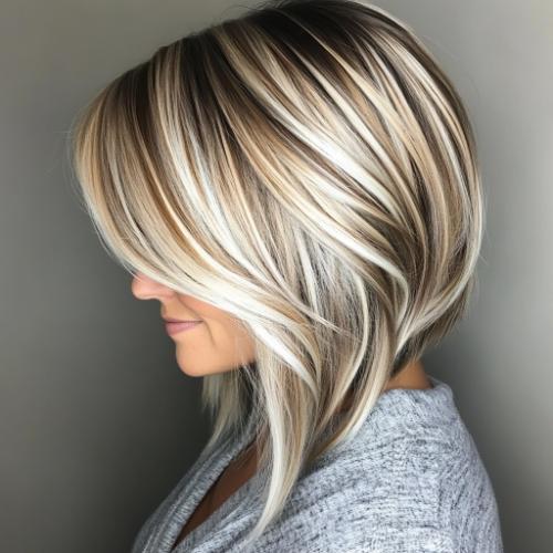 High-Contrast Bob with Platinum Streaks Medium Layered