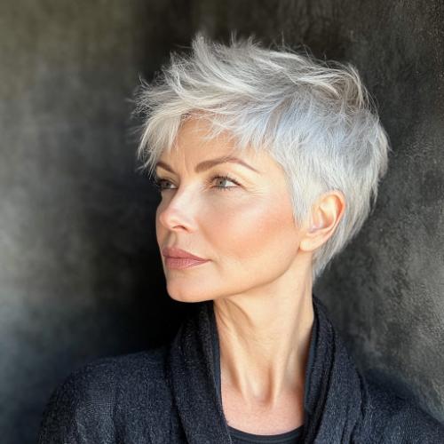 short hairstyle older woman with silver pixie and undercut