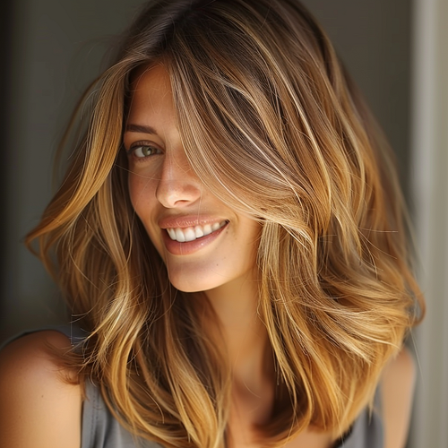 Golden brown hair illuminated by honey blonde highlights