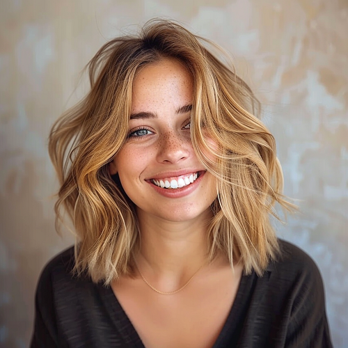 honey blonde with caramel tones on shoulder-length hair