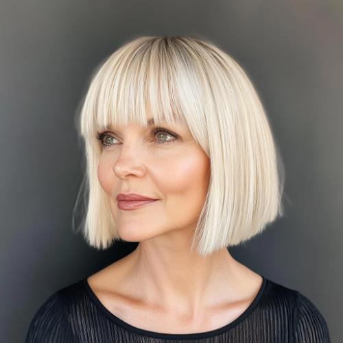 short haircut older woman with blonde blunt cut bob