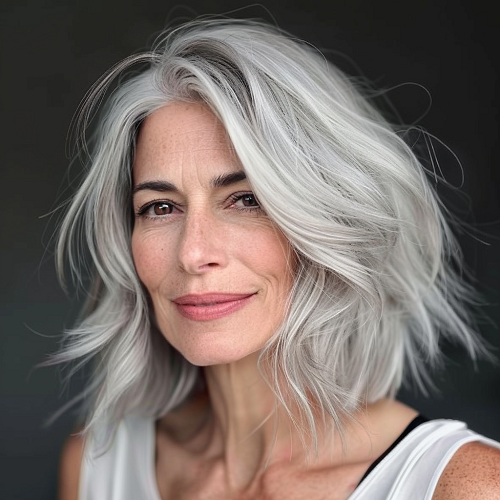 gray wispy layered short bob over 60