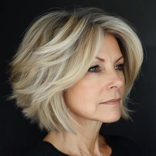 short hair older woman with voluminous stacked bob