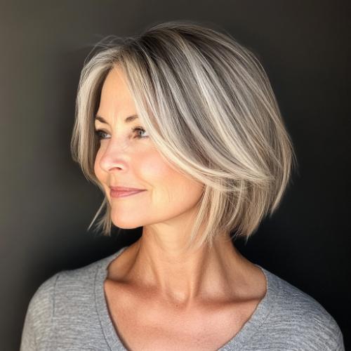 short hairstyle older woman with textured straight bob