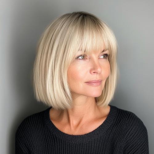 short hair older woman with classic blonde bob and bangs