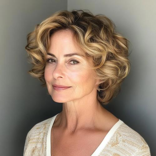 short hairstyle older woman with golden wavy hair