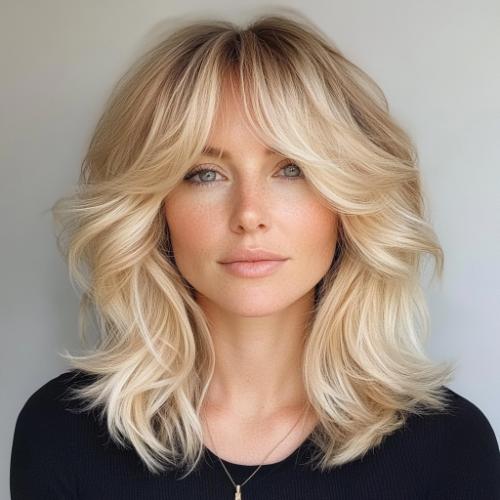 Shoulder-Length Blonde Waves with Bangs