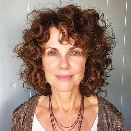 Side-parted curly hair over 50