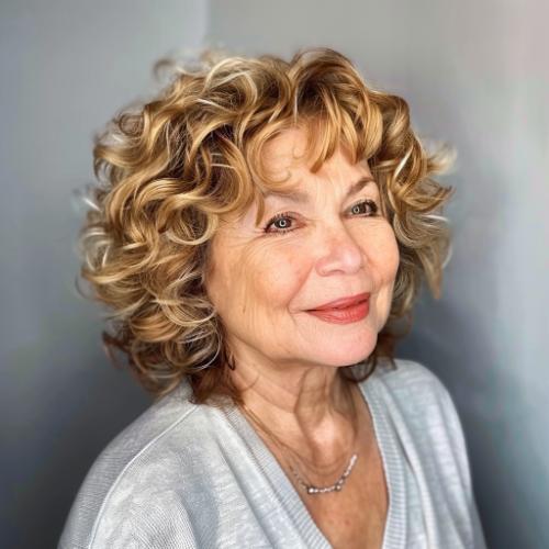 Caramel Blonde Layers with Honey Highlights Curly Hairstyle for Women over 60