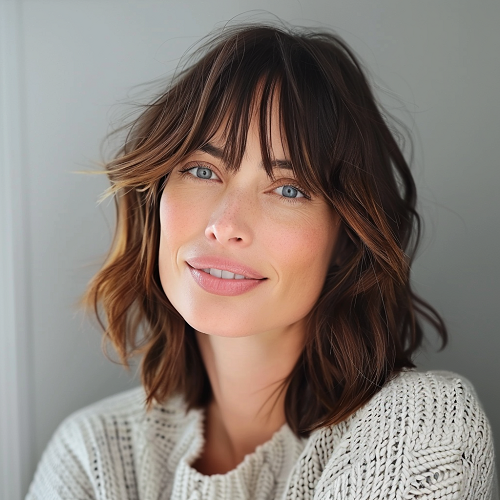 brown textured tousled bob with bangs woman over 40