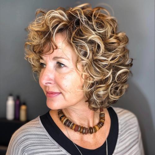 Layered Bob with Highlights Curly Hairstyle for Women over 60