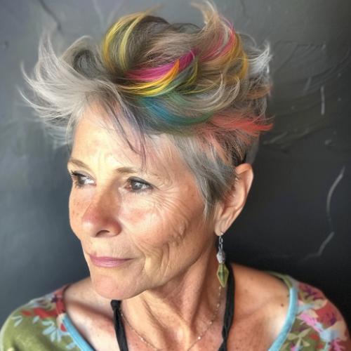 Gray and Colorful Pixie Cut