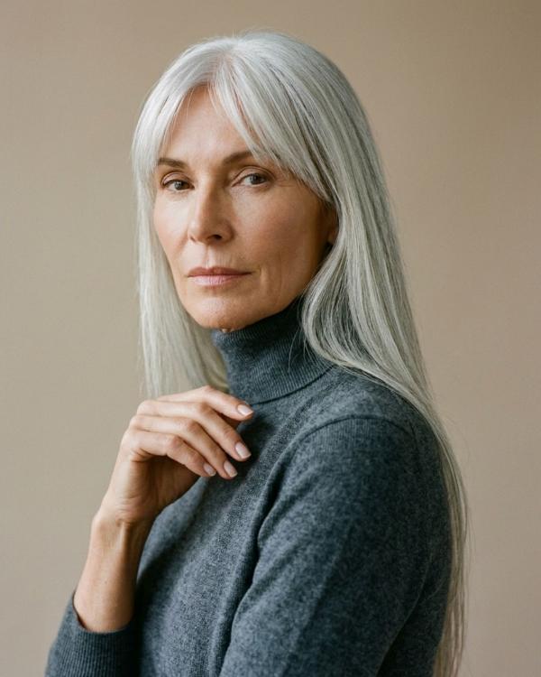 Wash and Wear Older Women Haircut Straight Long Hair Silver-Platinum Color